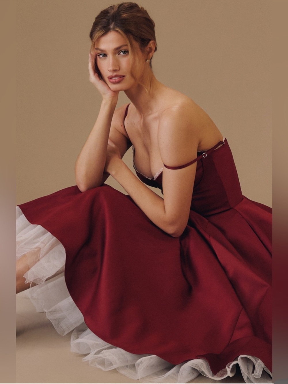 House Of CB Mademoiselle Wine Satin Tulle Cocktail Midi Dress NWOT size S A-C